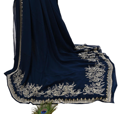 Rare Vintage Deep Blue Blend Georgette Saree Hand Embroidered Fabric 6 Yard Sari Bollywood Party Wear Ethnic Designer Saree