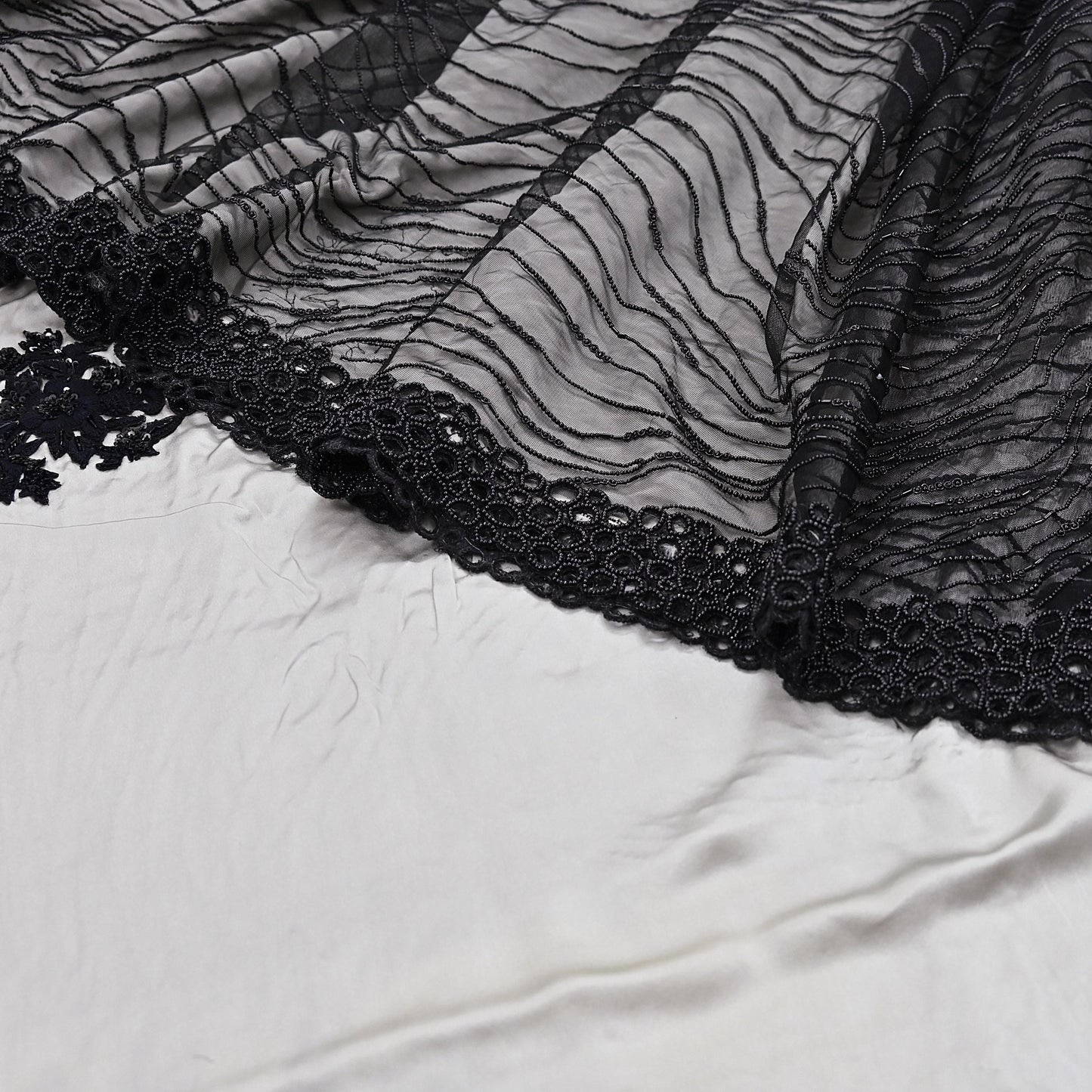 Rare Vintage Black & Gray Pure Satin Silk net Saree Hand Embroidered Designer Abu Jani Sari 6 Yard Bollywood Party Wear with Blouse fabric