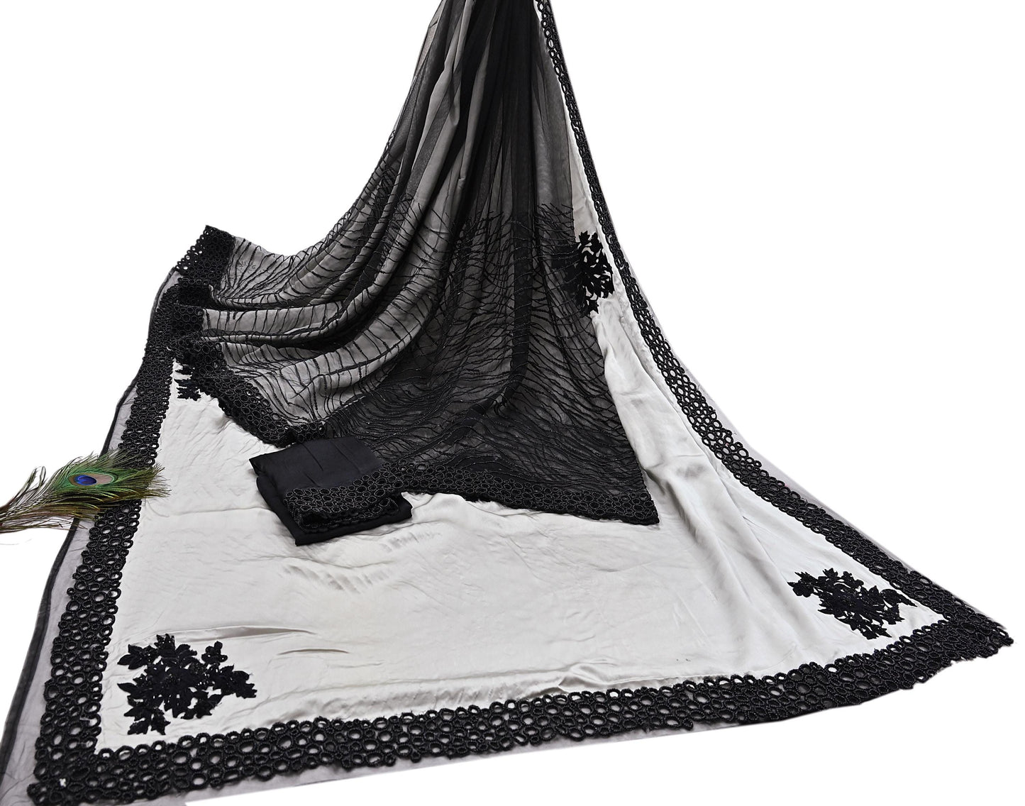 Rare Vintage Black & Gray Pure Satin Silk net Saree Hand Embroidered Designer Abu Jani Sari 6 Yard Bollywood Party Wear with Blouse fabric