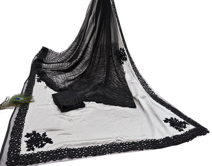 Rare Vintage Black & Gray Pure Satin Silk net Saree Hand Embroidered Designer Abu Jani Sari 6 Yard Bollywood Party Wear with Blouse fabric
