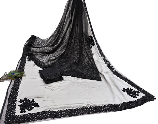 Rare Vintage Black & Gray Pure Satin Silk net Saree Hand Embroidered Designer Abu Jani Sari 6 Yard Bollywood Party Wear with Blouse fabric