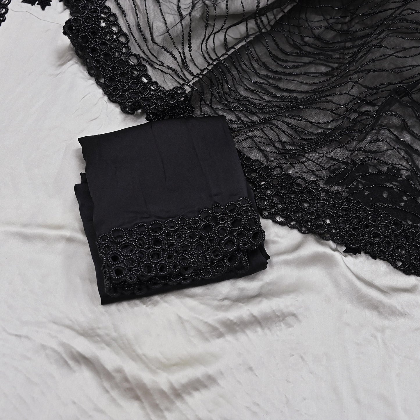 Rare Vintage Black & Gray Pure Satin Silk net Saree Hand Embroidered Designer Abu Jani Sari 6 Yard Bollywood Party Wear with Blouse fabric