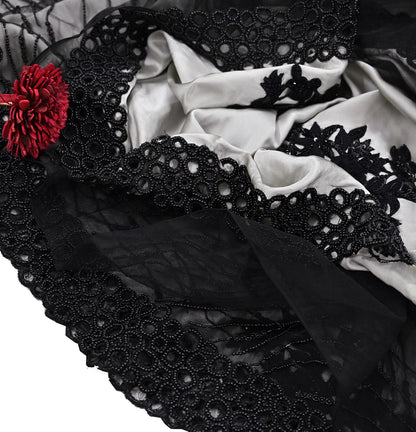 Rare Vintage Black & Gray Pure Satin Silk net Saree Hand Embroidered Designer Abu Jani Sari 6 Yard Bollywood Party Wear with Blouse fabric