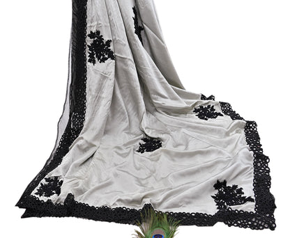Rare Vintage Black & Gray Pure Satin Silk net Saree Hand Embroidered Designer Abu Jani Sari 6 Yard Bollywood Party Wear with Blouse fabric
