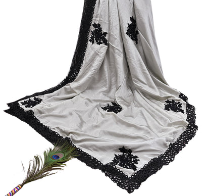 Rare Vintage Black & Gray Pure Satin Silk net Saree Hand Embroidered Designer Abu Jani Sari 6 Yard Bollywood Party Wear with Blouse fabric