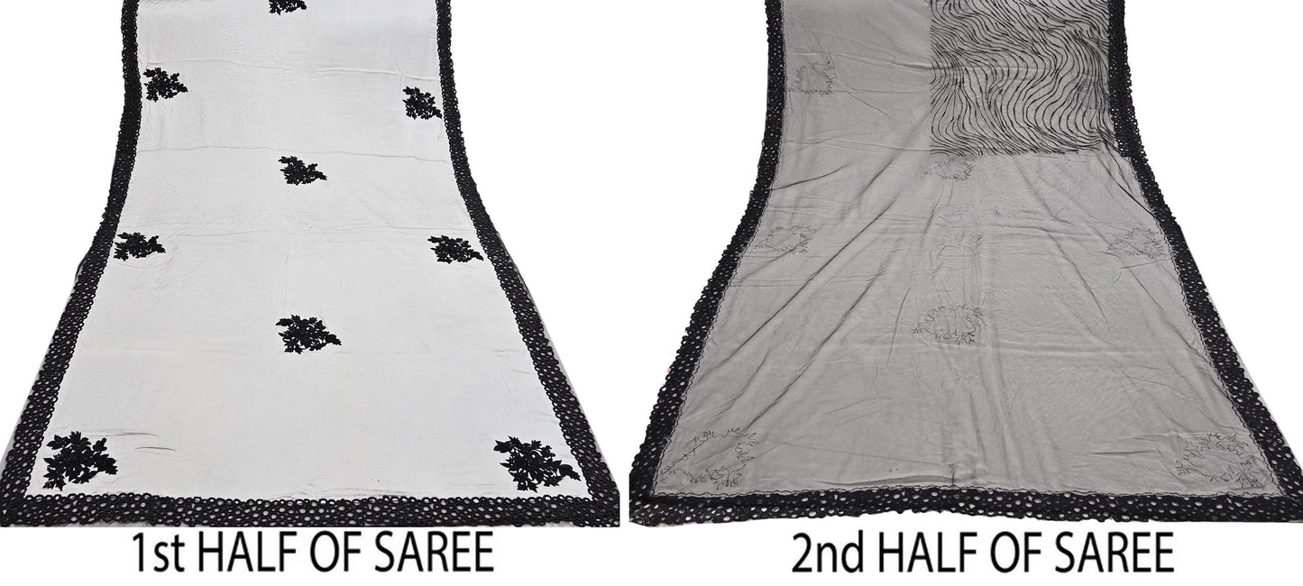Rare Vintage Black & Gray Pure Satin Silk net Saree Hand Embroidered Designer Abu Jani Sari 6 Yard Bollywood Party Wear with Blouse fabric