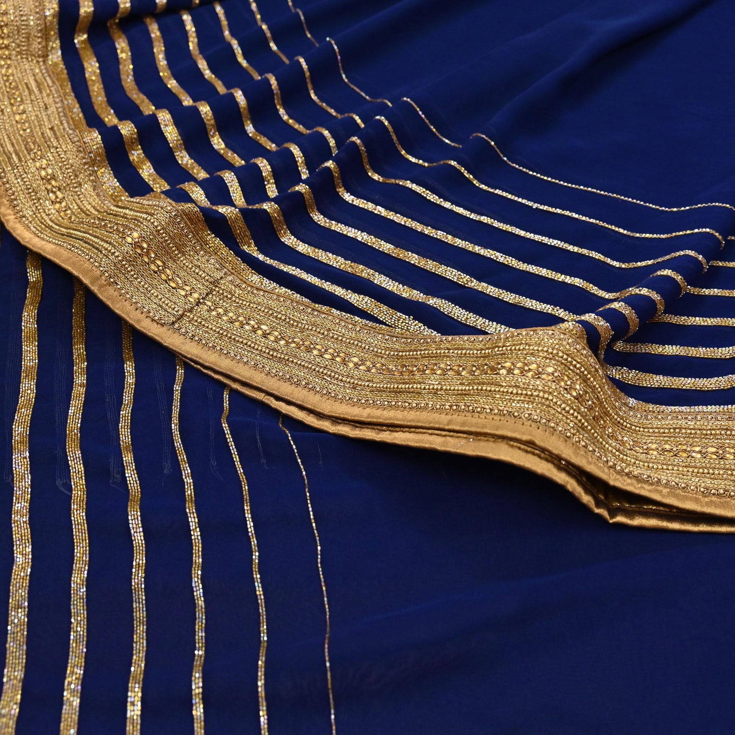 Rare Blue Georgette Silk Saree Zardozi Hand Embroidered Designer Sabyasachi Sari 6 Yard Bollywood Party Wear