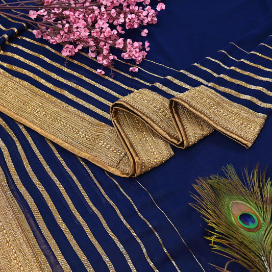 Rare Blue Georgette Silk Saree Zardozi Hand Embroidered Designer Sabyasachi Sari 6 Yard Bollywood Party Wear