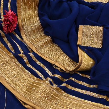 Rare Blue Georgette Silk Saree Zardozi Hand Embroidered Designer Sabyasachi Sari 6 Yard Bollywood Party Wear