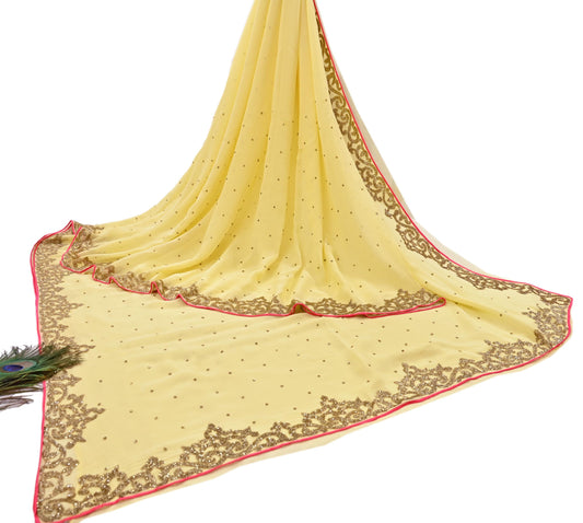 Rare Vintage Yellow Blend Georgette Saree Hand Embroidered Fabric 5.5 Yard Sari Bollywood Party Wear Ethnic Designer Saree