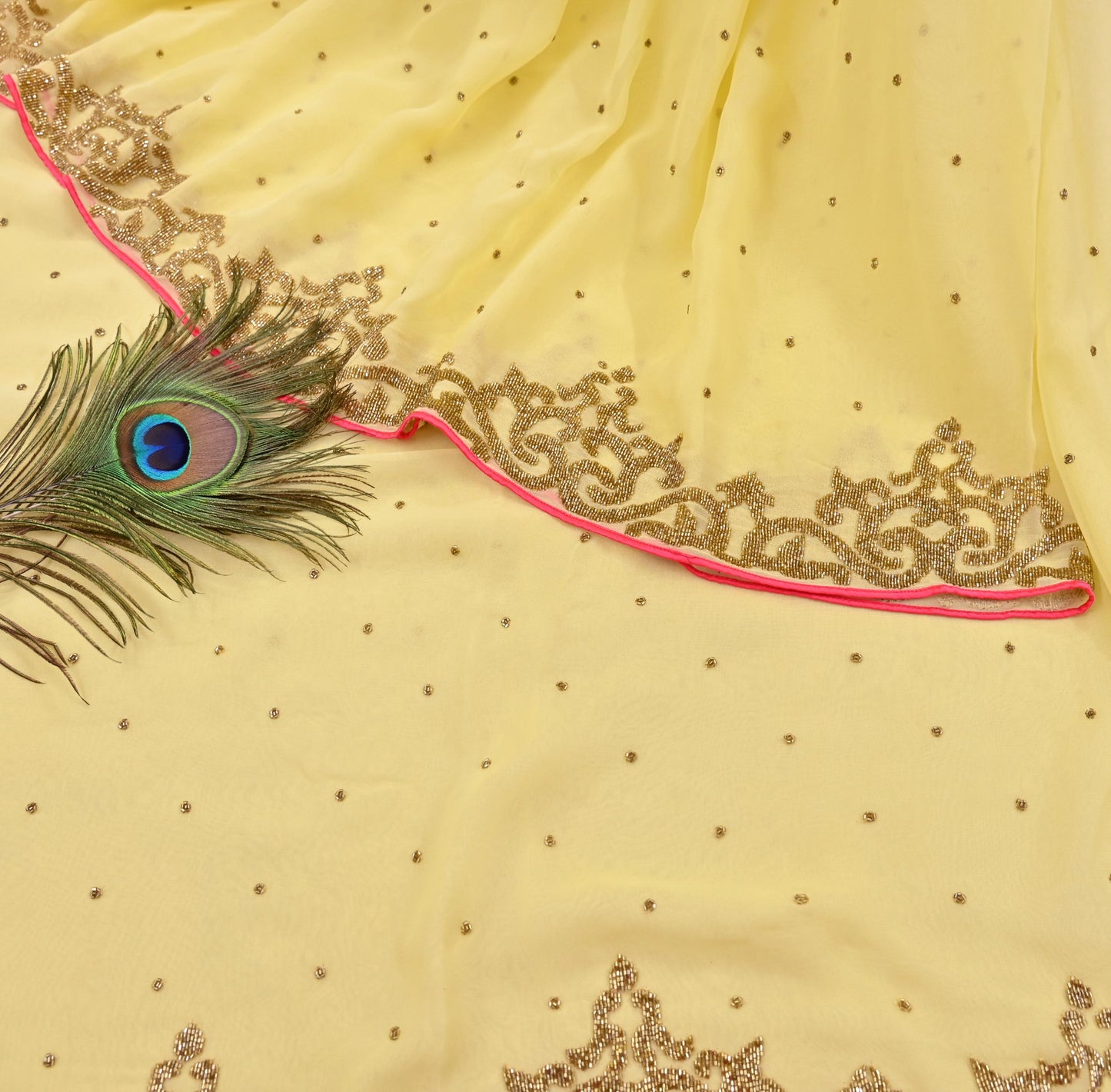 Rare Vintage Yellow Blend Georgette Saree Hand Embroidered Fabric 5.5 Yard Sari Bollywood Party Wear Ethnic Designer Saree