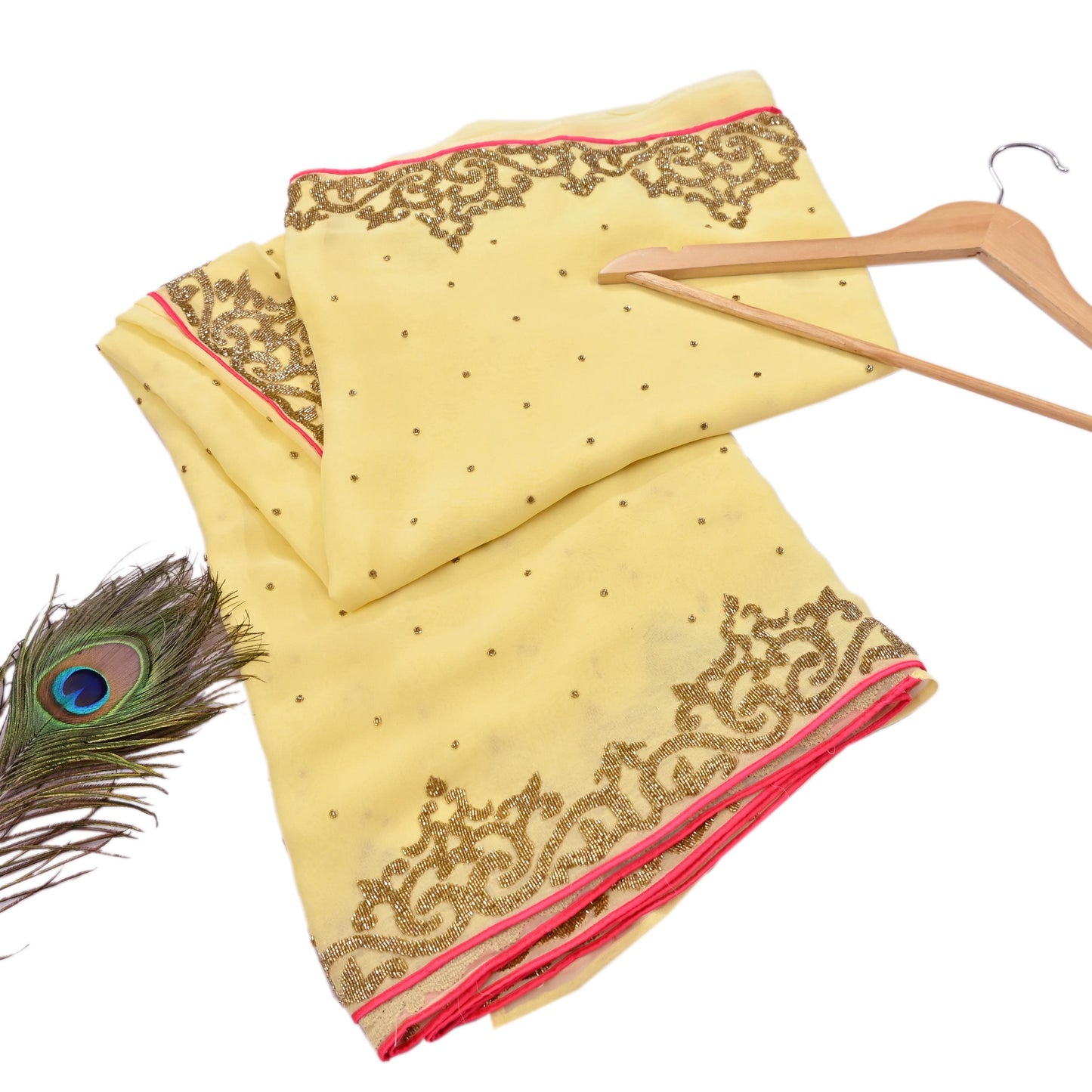 Rare Vintage Yellow Blend Georgette Saree Hand Embroidered Fabric 5.5 Yard Sari Bollywood Party Wear Ethnic Designer Saree