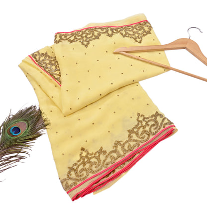 Rare Vintage Yellow Blend Georgette Saree Hand Embroidered Fabric 5.5 Yard Sari Bollywood Party Wear Ethnic Designer Saree