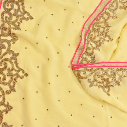 Rare Vintage Yellow Blend Georgette Saree Hand Embroidered Fabric 5.5 Yard Sari Bollywood Party Wear Ethnic Designer Saree
