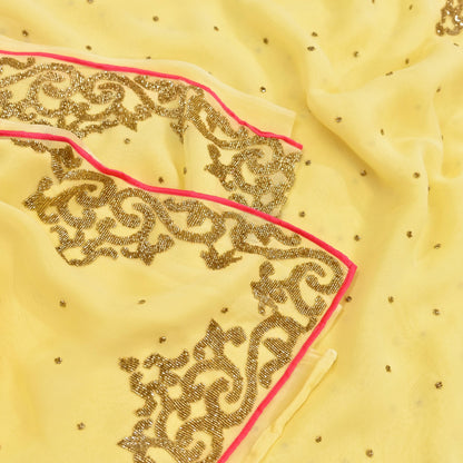 Rare Vintage Yellow Blend Georgette Saree Hand Embroidered Fabric 5.5 Yard Sari Bollywood Party Wear Ethnic Designer Saree