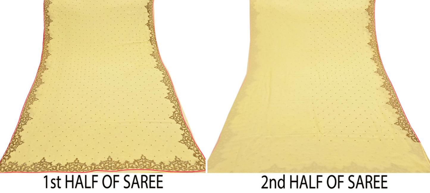 Rare Vintage Yellow Blend Georgette Saree Hand Embroidered Fabric 5.5 Yard Sari Bollywood Party Wear Ethnic Designer Saree