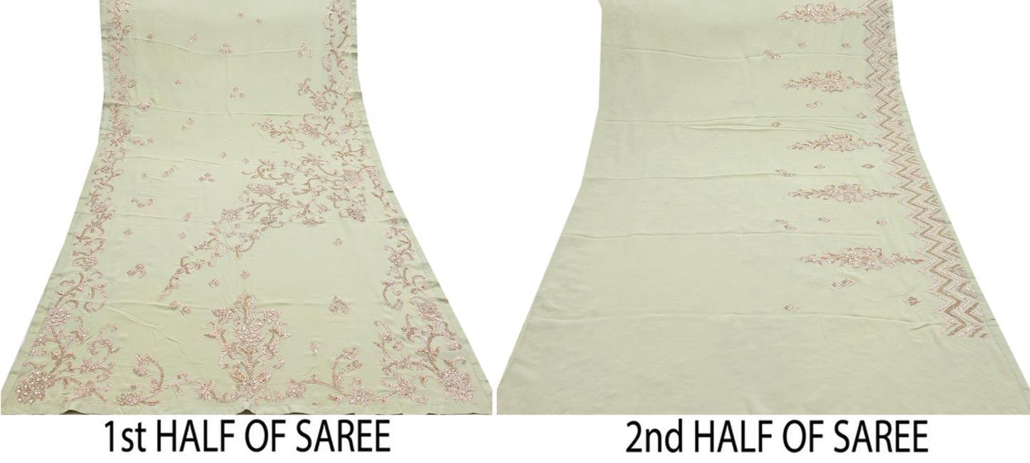 Rare Vintage Green Pure Georgette Silk Saree Hand Embroidered Designer Abu Jani Sari 5.5 Yard Bollywood Party Wear with Blouse fabric