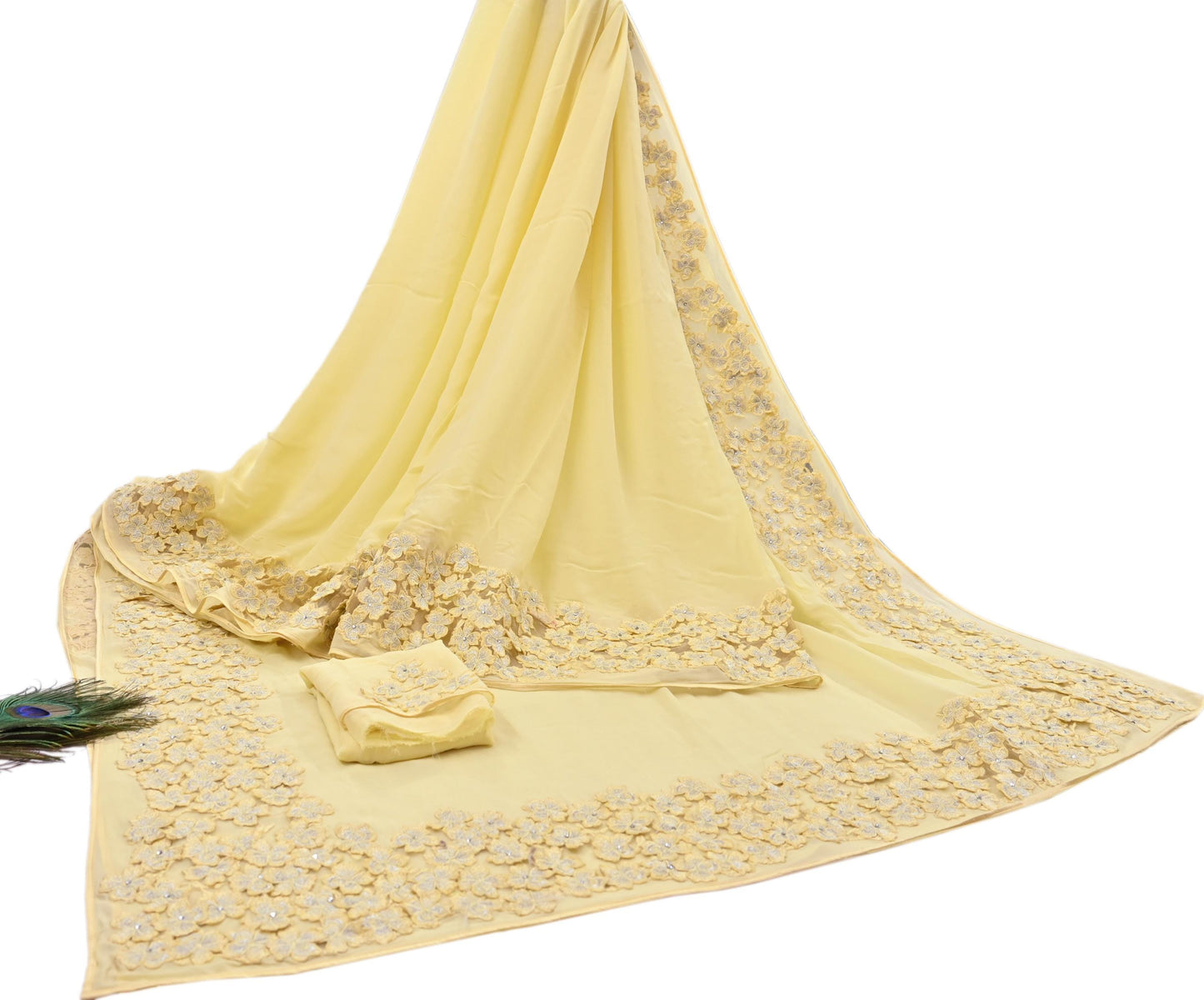 Rare Vintage Yellow Blend Georgette Saree Hand Embroidered Fabric 6 Yard Sari Bollywood Party Wear Ethnic Saree with Blouse Fabric