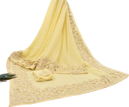 Rare Vintage Yellow Blend Georgette Saree Hand Embroidered Fabric 6 Yard Sari Bollywood Party Wear Ethnic Saree with Blouse Fabric