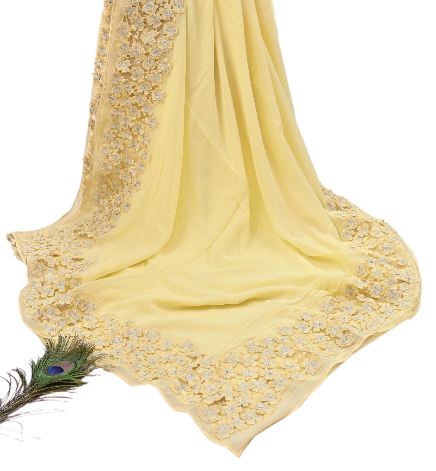 Rare Vintage Yellow Blend Georgette Saree Hand Embroidered Fabric 6 Yard Sari Bollywood Party Wear Ethnic Saree with Blouse Fabric