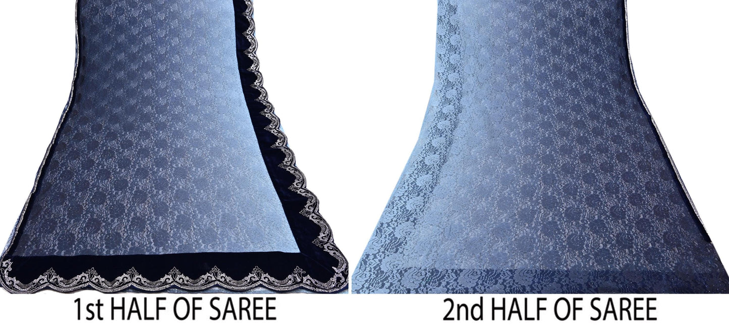 Vintage Blue Net Saree Heavy Hand Embroidery 5.5 Yards Soft Mesh Fabric Ideal for Crafting Wedding Wear Bollywood sarees