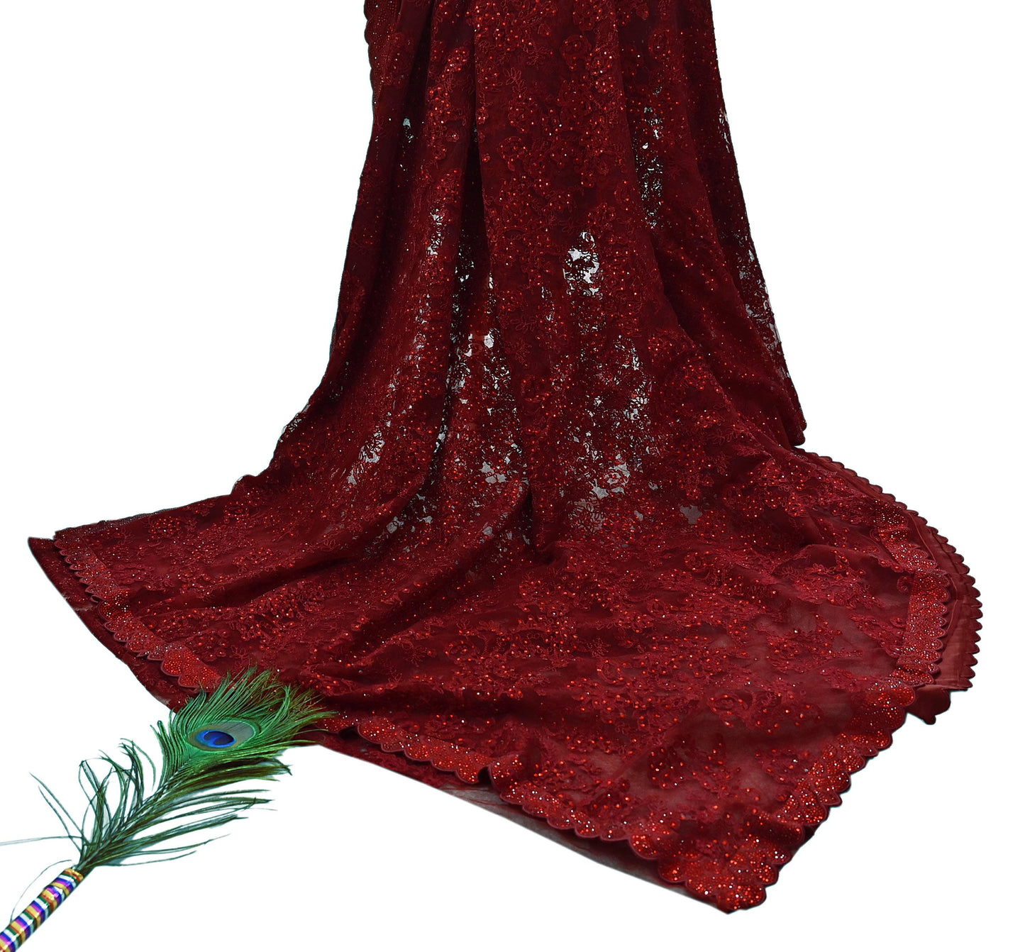 Rare Vintage Maroon Net Saree Hand Beaded Abu Jani Designer Sari 6 Yards Bollywood Party Wear Ethnic
