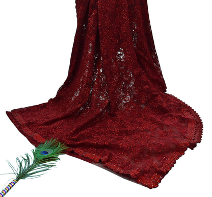 Rare Vintage Maroon Net Saree Hand Beaded Abu Jani Designer Sari 6 Yards Bollywood Party Wear Ethnic