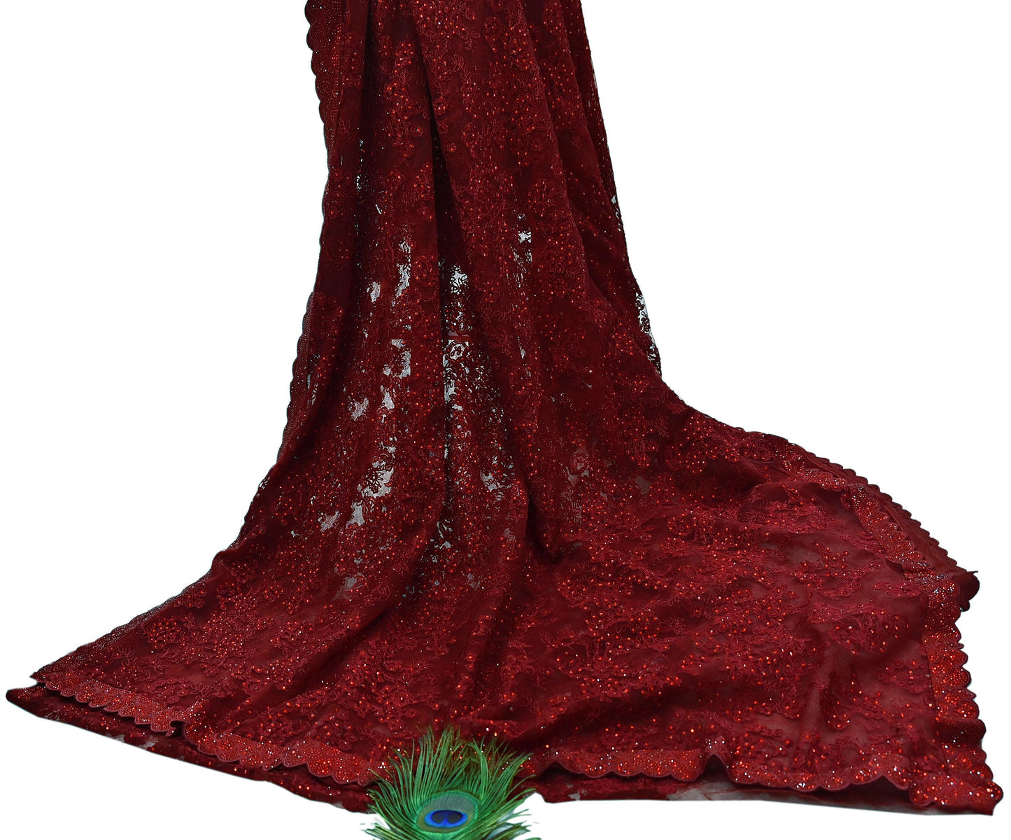 Rare Vintage Maroon Net Saree Hand Beaded Abu Jani Designer Sari 6 Yards Bollywood Party Wear Ethnic