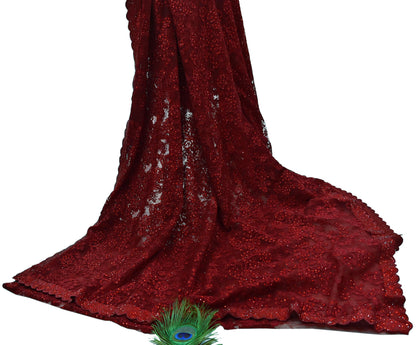 Rare Vintage Maroon Net Saree Hand Beaded Abu Jani Designer Sari 6 Yards Bollywood Party Wear Ethnic