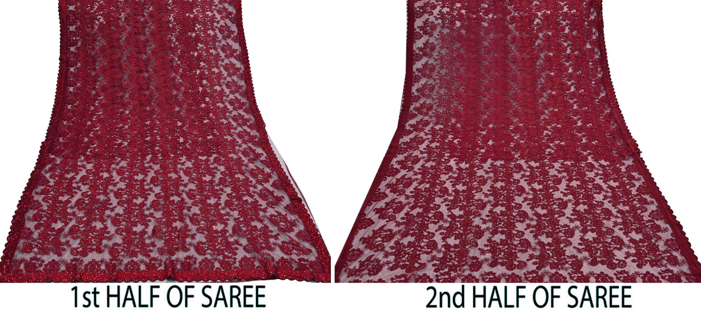 Rare Vintage Maroon Net Saree Hand Beaded Abu Jani Designer Sari 6 Yards Bollywood Party Wear Ethnic