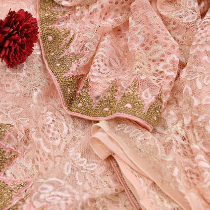 Vintage Peach Net Saree Heavy Hand Embroidery 6 Yards Soft Mesh Fabric Ideal for Crafting Wedding Wear Bollywood sarees