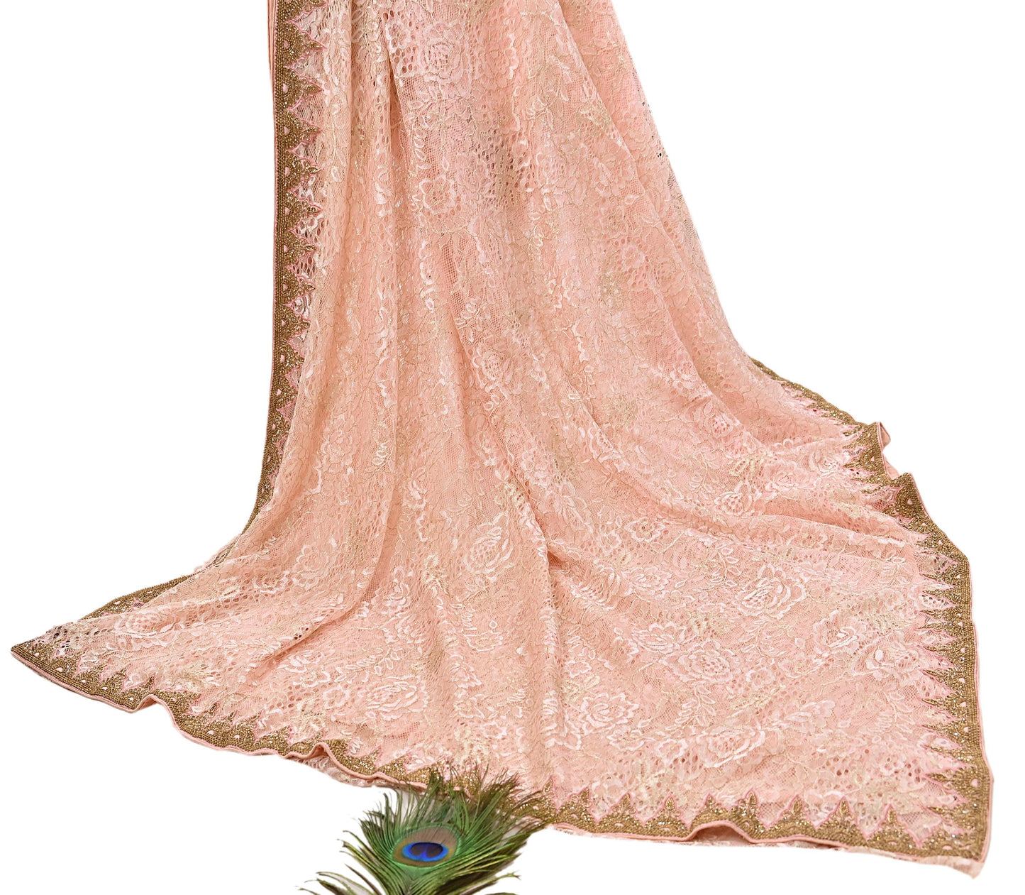 Vintage Peach Net Saree Heavy Hand Embroidery 6 Yards Soft Mesh Fabric Ideal for Crafting Wedding Wear Bollywood sarees