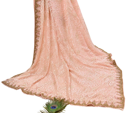 Vintage Peach Net Saree Heavy Hand Embroidery 6 Yards Soft Mesh Fabric Ideal for Crafting Wedding Wear Bollywood sarees