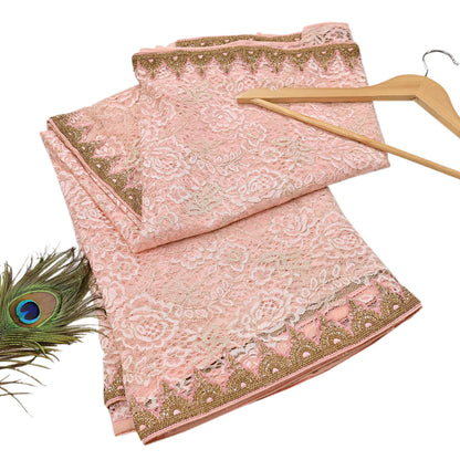Vintage Peach Net Saree Heavy Hand Embroidery 6 Yards Soft Mesh Fabric Ideal for Crafting Wedding Wear Bollywood sarees