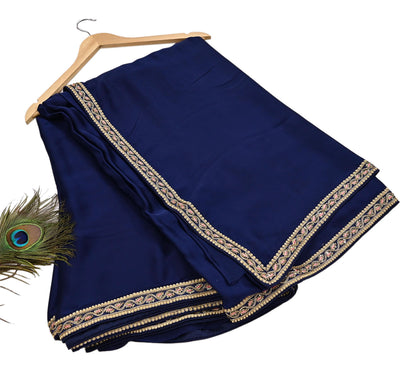 Rare Vintage Blue Pure Satin Silk Saree Zardozi Hand Embroidered Designer Sabyasachi Sari 6 Yard Bollywood Party Wear
