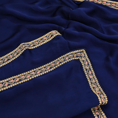 Rare Vintage Blue Pure Satin Silk Saree Zardozi Hand Embroidered Designer Sabyasachi Sari 6 Yard Bollywood Party Wear