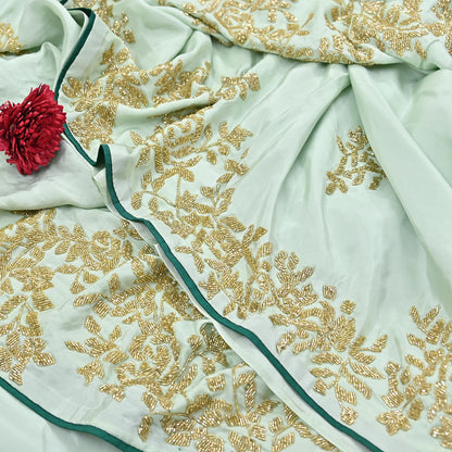 Rare Vintage Green Pure Silk Saree Hand Embroidered Fabric 6 Yards Sari Bollywood Party Wear Ethnic Designer Saree