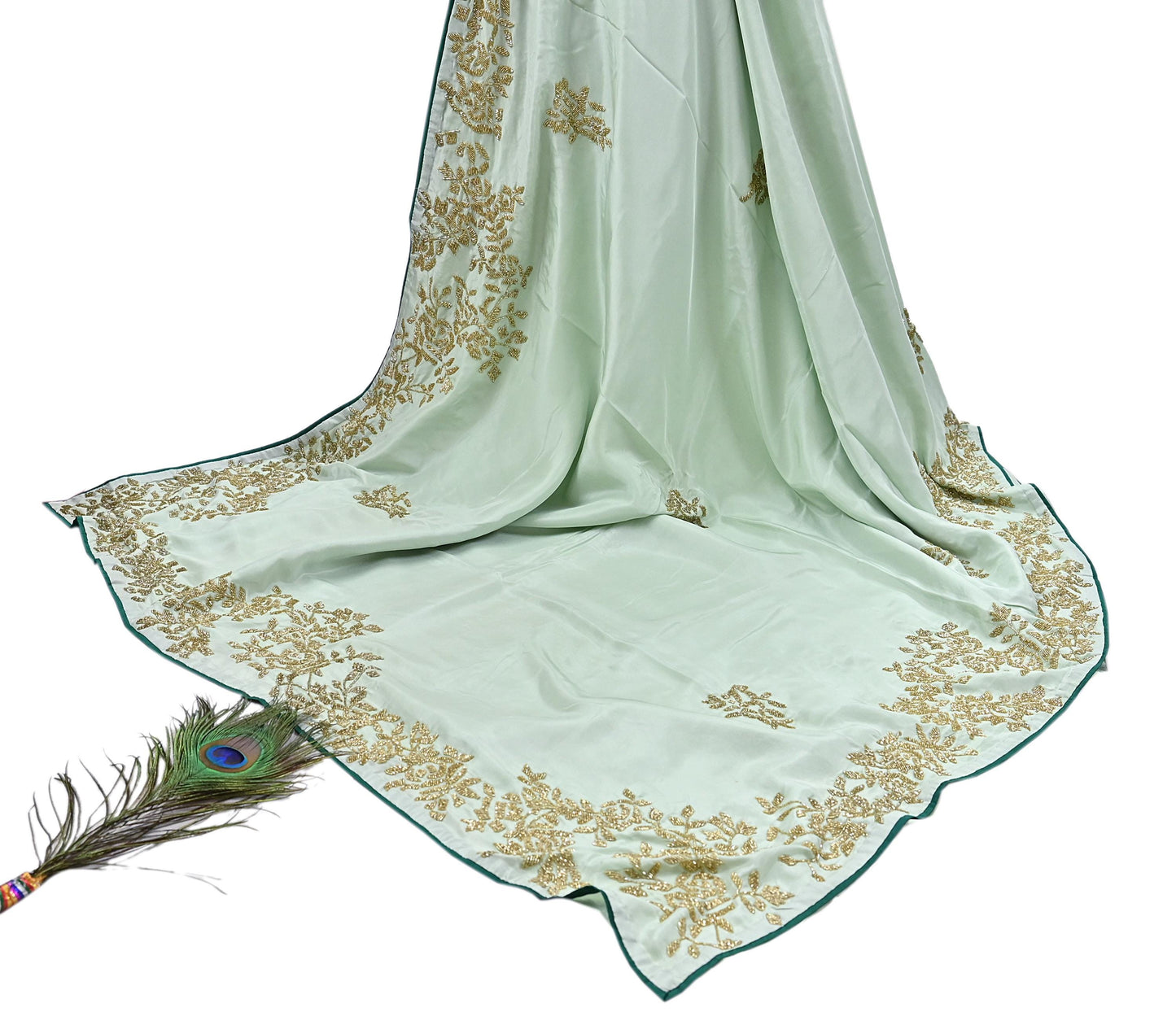 Rare Vintage Green Pure Silk Saree Hand Embroidered Fabric 6 Yards Sari Bollywood Party Wear Ethnic Designer Saree
