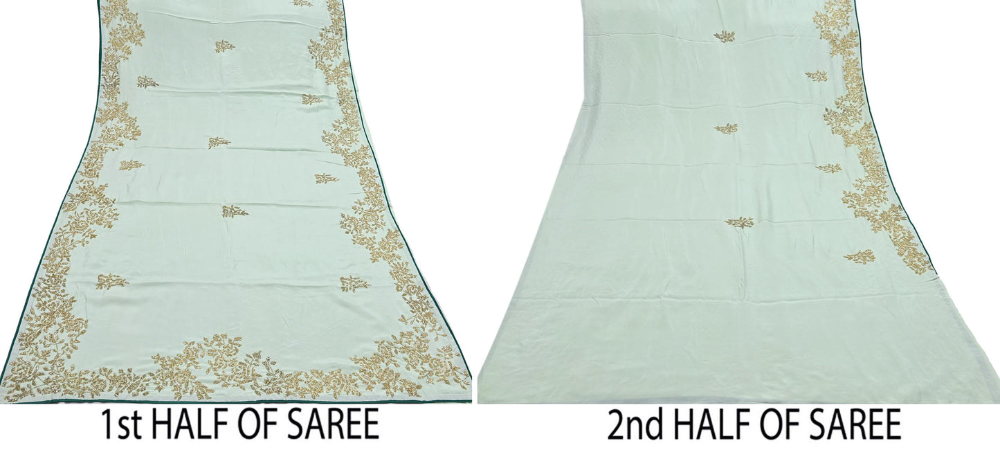 Rare Vintage Green Pure Silk Saree Hand Embroidered Fabric 6 Yards Sari Bollywood Party Wear Ethnic Designer Saree