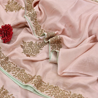Rare Vintage Peach Pure Silk Saree Zardozi Hand Embroidered Designer Sabyasachi Sari 5.5 Yard Bollywood Party Wear