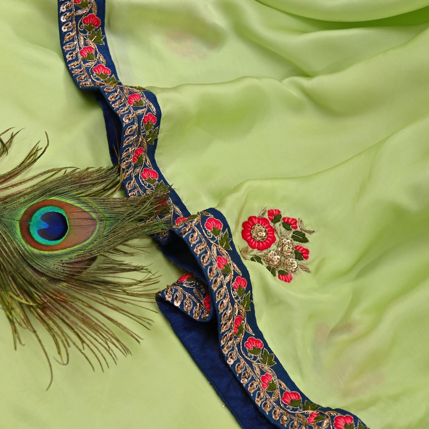 Rare Vintage Green Pure Satin Silk Saree Hand Embroidered Designer Sabyasachi Sari 6 Yard Bollywood Party Wear with Padded Blouse size 34"