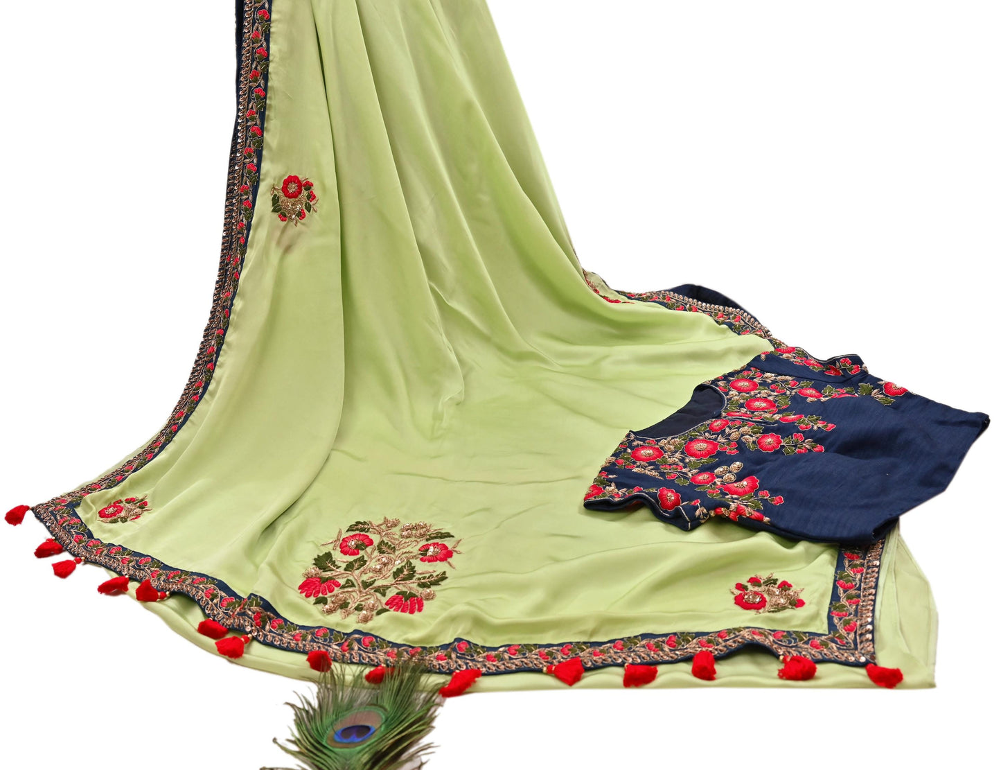 Rare Vintage Green Pure Satin Silk Saree Hand Embroidered Designer Sabyasachi Sari 6 Yard Bollywood Party Wear with Padded Blouse size 34"
