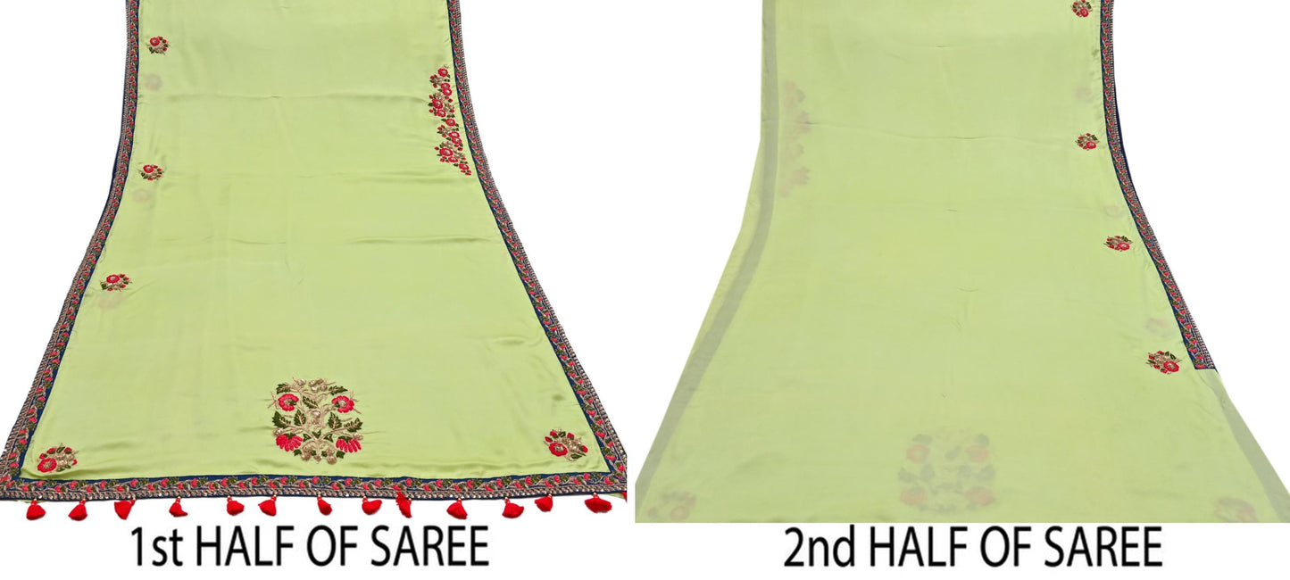 Rare Vintage Green Pure Satin Silk Saree Hand Embroidered Designer Sabyasachi Sari 6 Yard Bollywood Party Wear with Padded Blouse size 34"