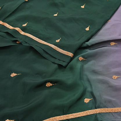Rare Vintage Green & Purple Pure Silk Saree Hand Embroidered Fabric 6 Yards Sari Bollywood Party Wear Ethnic Designer Saree