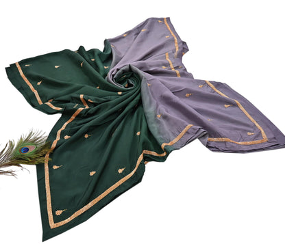 Rare Vintage Green & Purple Pure Silk Saree Hand Embroidered Fabric 6 Yards Sari Bollywood Party Wear Ethnic Designer Saree