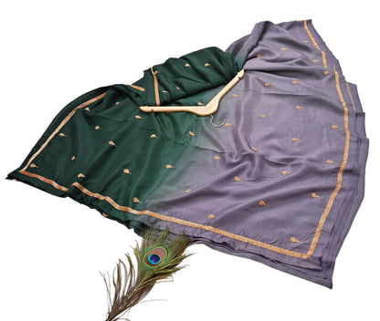 Rare Vintage Green & Purple Pure Silk Saree Hand Embroidered Fabric 6 Yards Sari Bollywood Party Wear Ethnic Designer Saree
