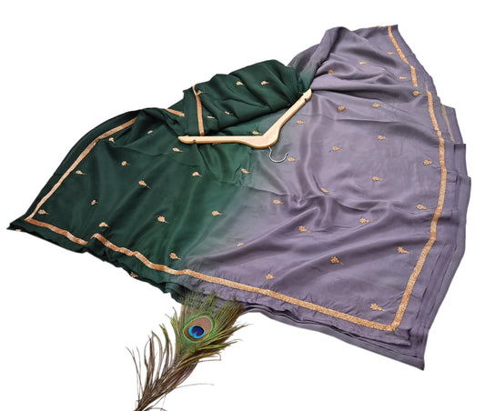 Rare Vintage Green & Purple Pure Silk Saree Hand Embroidered Fabric 6 Yards Sari Bollywood Party Wear Ethnic Designer Saree