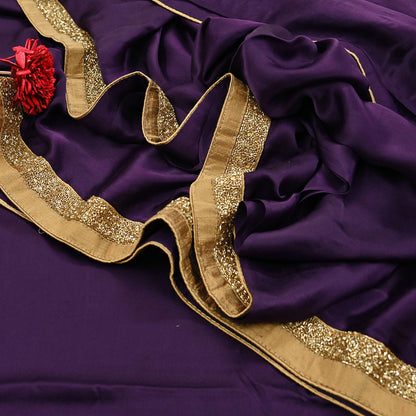 Rare Vintage Purple Pure Satin Silk Saree Hand Embroidered Fabric 6 Yards Sari Bollywood Party Wear Ethnic Designer Saree