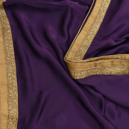 Rare Vintage Purple Pure Satin Silk Saree Hand Embroidered Fabric 6 Yards Sari Bollywood Party Wear Ethnic Designer Saree