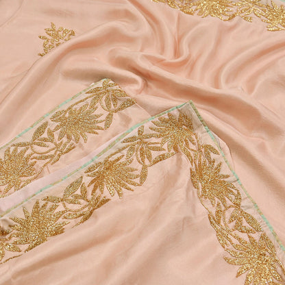 Rare Vintage Peach Pure Silk Saree Hand Embroidered Fabric 5.5 Yards Sari Bollywood Party Wear Ethnic Designer Saree